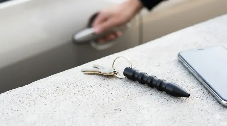 Un kubotán de aluminio negro junto a unas llaves sobre una superficie de madera, mostrando su diseño discreto y funcional.