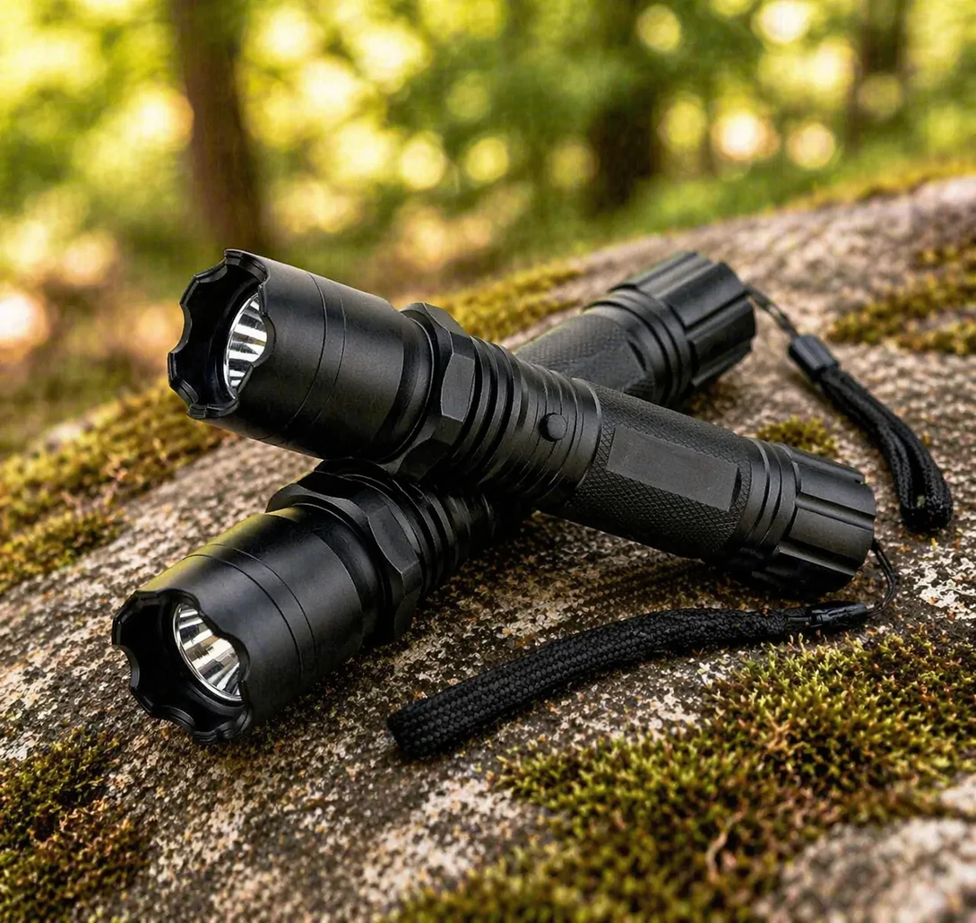 Linterna táctica encendida en un entorno oscuro