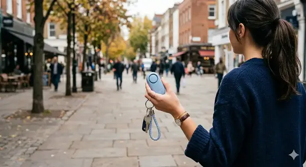 Persona portando un kit de seguridad personal de forma responsable en un entorno urbano